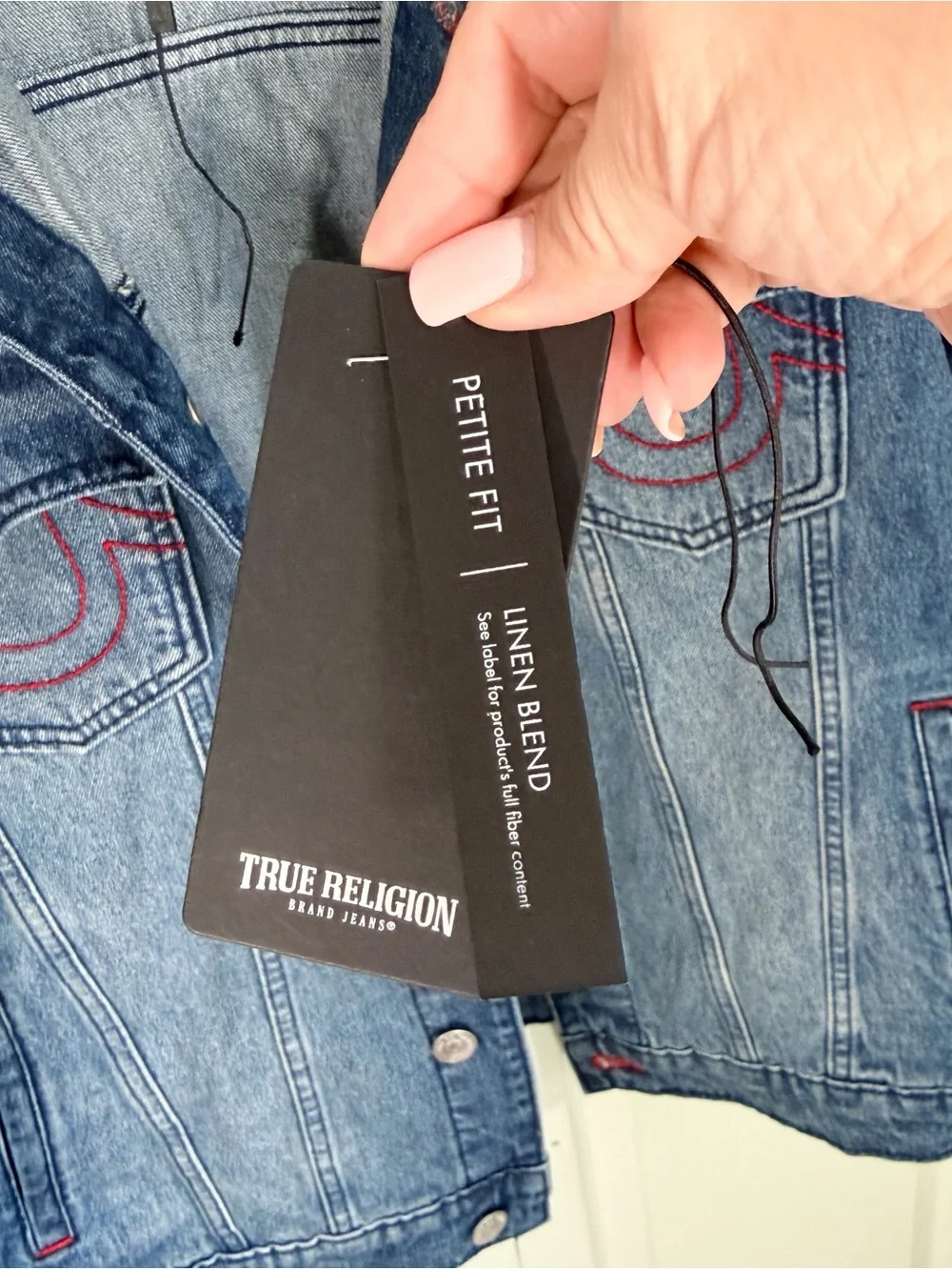 True Religion Men's Blue Denim Trucker Jacket with Red Stitching